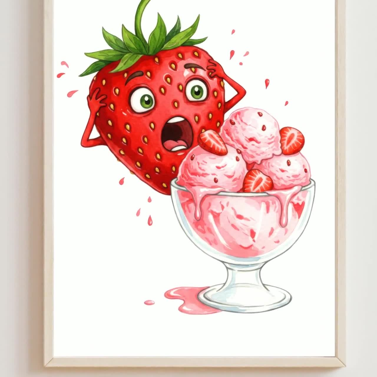 Funny Strawberry Ice Cream Printable, Cute Cartoon Strawberry With